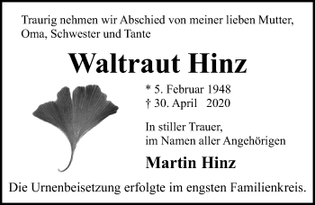 Traueranzeige von Waltraut Hinz von Ostsee-Zeitung GmbH