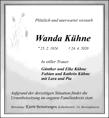 Traueranzeige von Wanda Kühne von Hannoversche Allgemeine Zeitung/Neue Presse