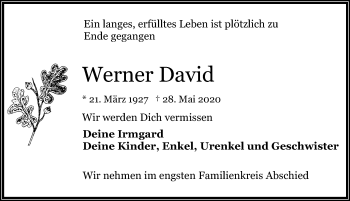 Traueranzeige von Werner David von Lübecker Nachrichten