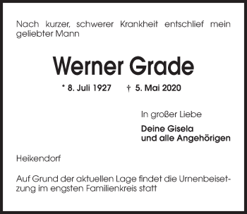 Traueranzeige von Werner Grade von Kieler Nachrichten