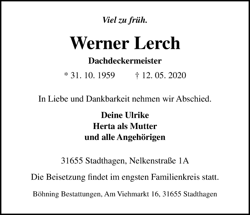  Traueranzeige für Werner Lerch vom 16.05.2020 aus Schaumburger Nachrichten