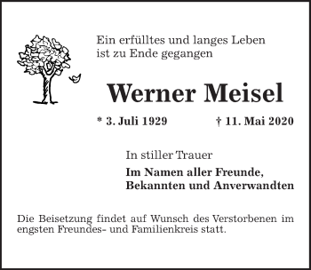 Traueranzeige von Werner Meisel von Hannoversche Allgemeine Zeitung/Neue Presse