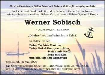 Traueranzeige von Werner Sobisch von Ostsee-Zeitung GmbH