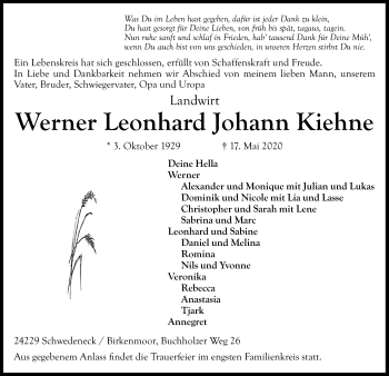 Traueranzeige von Werner Leonhard Johann Kiehne von Kieler Nachrichten