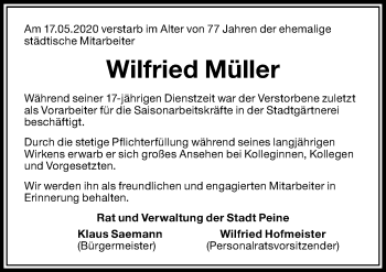 Traueranzeige von Wilfried Müller von Peiner Allgemeine Zeitung