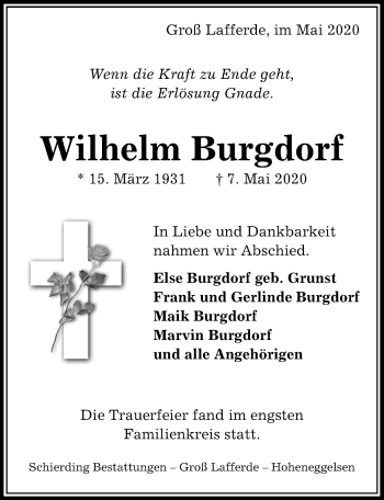 Traueranzeige von Wilhelm Burgdorf von Peiner Allgemeine Zeitung