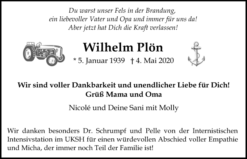  Traueranzeige für Wilhelm Plön vom 09.05.2020 aus Kieler Nachrichten