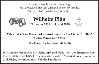 Traueranzeige von Wilhelm Plön von Kieler Nachrichten