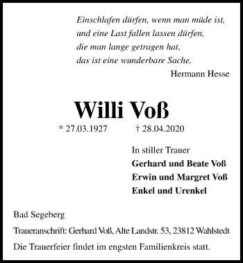 Traueranzeige von Willi Voß von Kieler Nachrichten