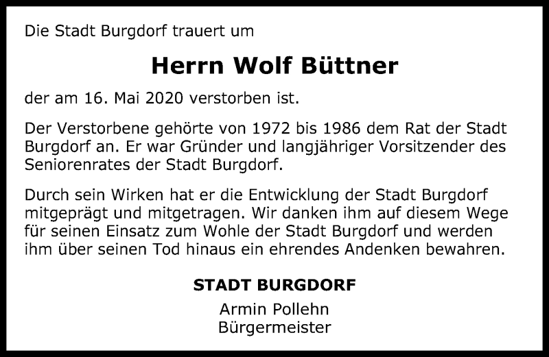  Traueranzeige für Wolf Büttner vom 30.05.2020 aus Hannoversche Allgemeine Zeitung/Neue Presse