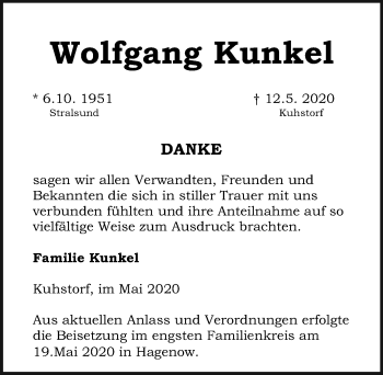 Traueranzeige von Wolfgang Kunkel von Ostsee-Zeitung GmbH