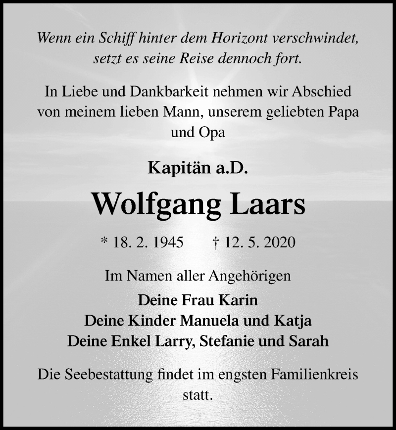  Traueranzeige für Wolfgang Laars vom 16.05.2020 aus Ostsee-Zeitung GmbH