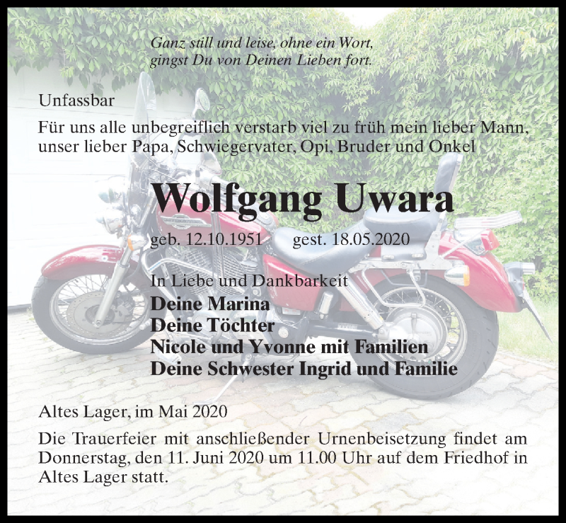  Traueranzeige für Wolfgang Uwara vom 23.05.2020 aus Märkischen Allgemeine Zeitung