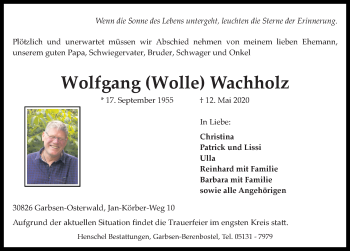 Traueranzeige von Wolfgang  Wachholz von Hannoversche Allgemeine Zeitung/Neue Presse