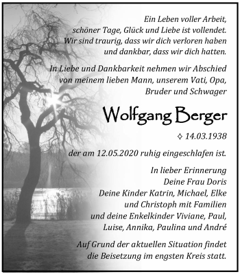 Traueranzeige von Wolfgang berger von Ostsee-Zeitung GmbH