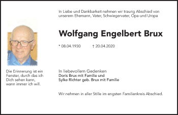 Traueranzeige von Wolfgang Engelbert Brux von Märkischen Allgemeine Zeitung