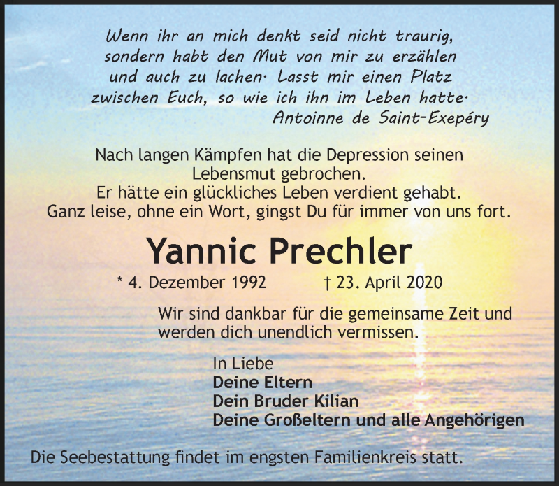  Traueranzeige für Yannic Prechler vom 03.05.2020 aus Lübecker Nachrichten