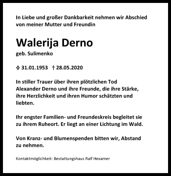 Traueranzeige von Walerija Derno von Ostsee-Zeitung GmbH