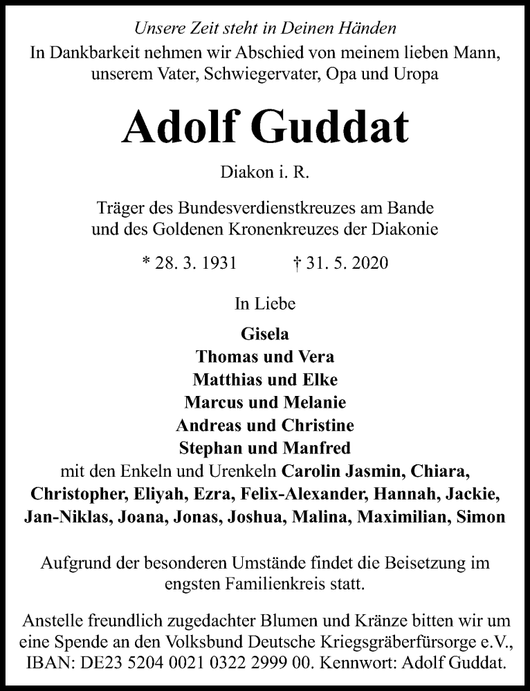 Traueranzeige für Adolf Guddat vom 06.06.2020 aus Hannoversche Allgemeine Zeitung/Neue Presse