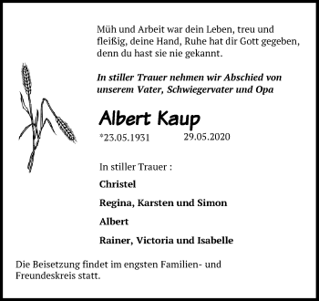 Traueranzeige von Albert Kaup von Ostsee-Zeitung GmbH