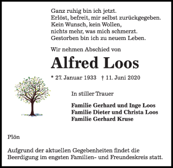 Traueranzeige von Alfred Loos von Kieler Nachrichten