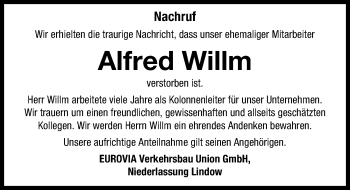 Traueranzeige von Alfred Willm von Märkischen Allgemeine Zeitung