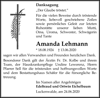 Traueranzeige von Amanda Lehmann von Märkischen Allgemeine Zeitung
