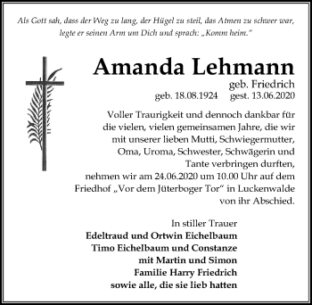 Traueranzeige von Amanda Lehmann von Märkischen Allgemeine Zeitung