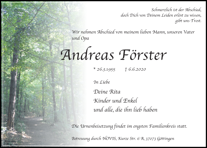  Traueranzeige für Andreas Förster vom 13.06.2020 aus Göttinger Tageblatt