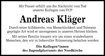 Traueranzeige von Andreas Kläger von Kieler Nachrichten