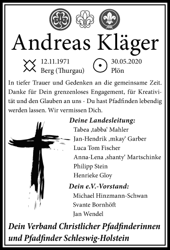 Traueranzeige von Andreas Kläger von Kieler Nachrichten