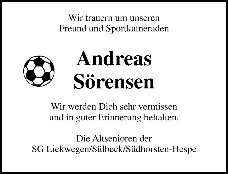 Traueranzeige für Andreas Sörensen vom 27.06.2020 aus Schaumburger Nachrichten
