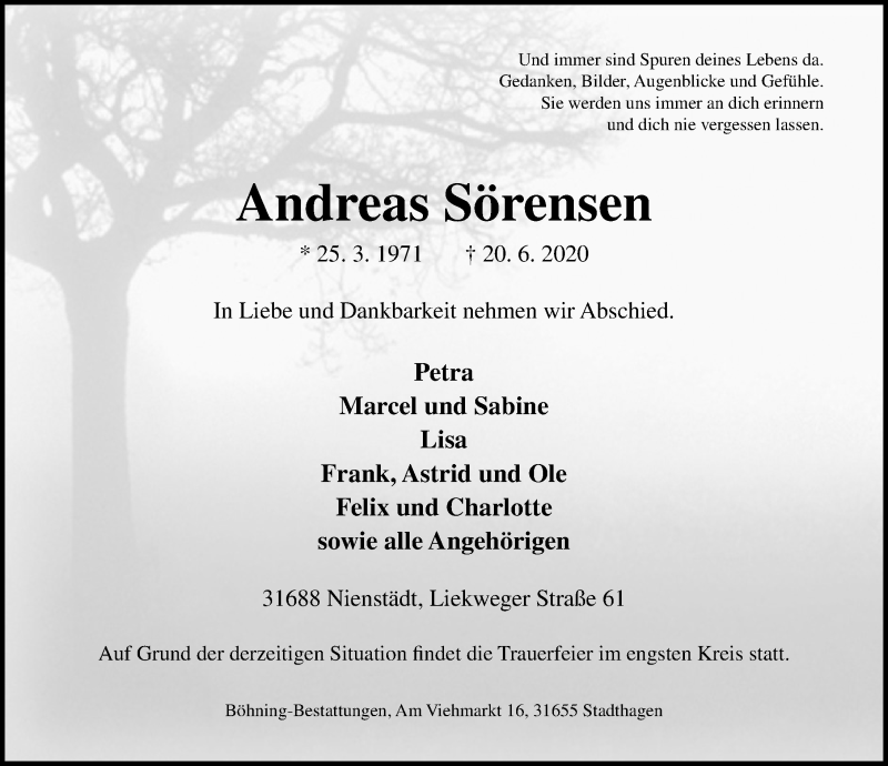  Traueranzeige für Andreas Sörensen vom 24.06.2020 aus Schaumburger Nachrichten