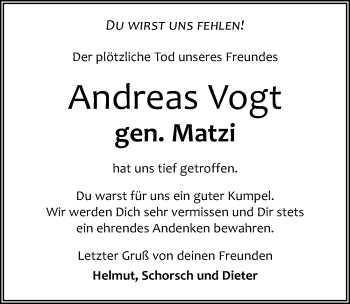 Traueranzeige von Andreas Vogt von Leipziger Volkszeitung