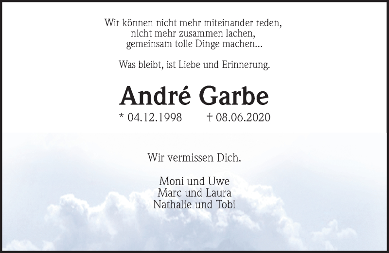  Traueranzeige für André Garbe vom 13.06.2020 aus Hannoversche Allgemeine Zeitung/Neue Presse