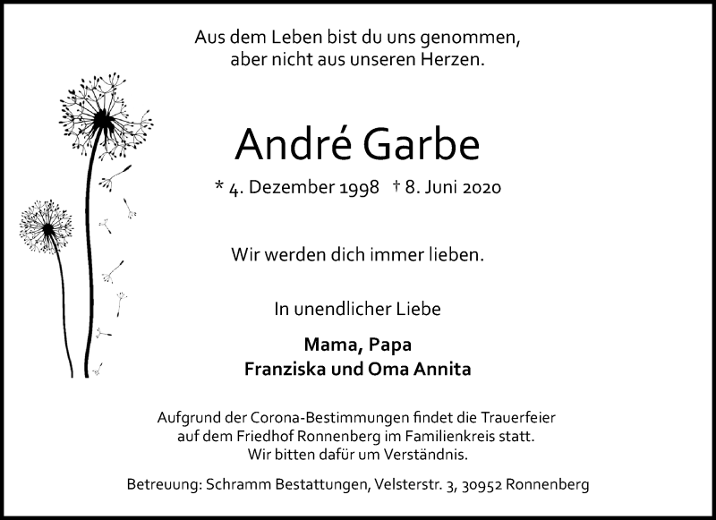  Traueranzeige für André Garbe vom 13.06.2020 aus Hannoversche Allgemeine Zeitung/Neue Presse