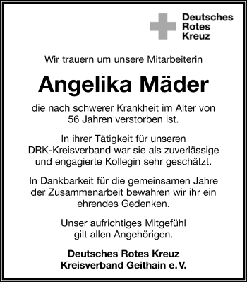 Traueranzeige von Angelika Mäder von Leipziger Volkszeitung