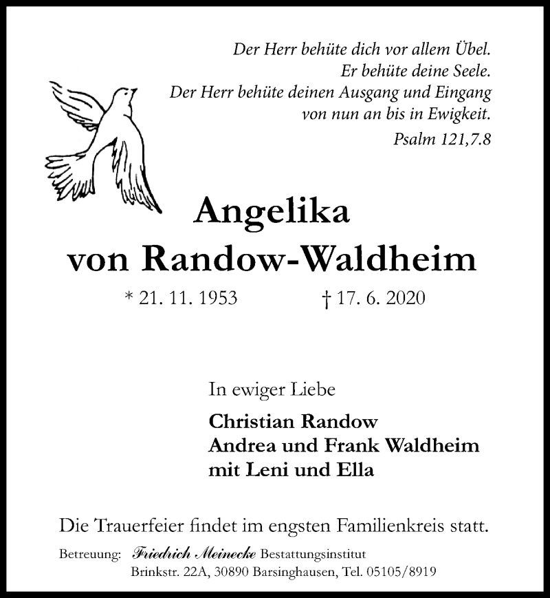  Traueranzeige für Angelika von Randow-Waldheim vom 20.06.2020 aus Hannoversche Allgemeine Zeitung/Neue Presse