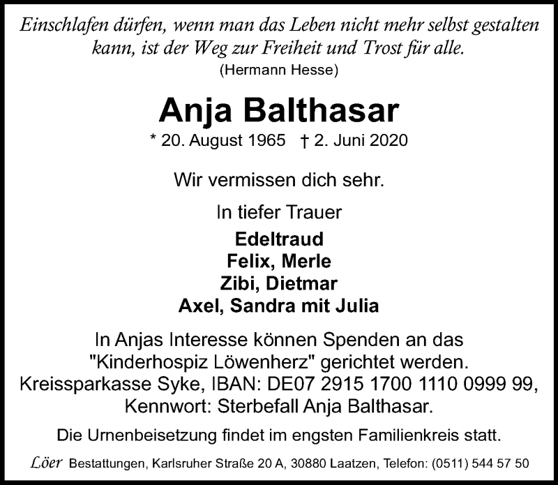  Traueranzeige für Anja Balthasar vom 20.06.2020 aus Hannoversche Allgemeine Zeitung/Neue Presse