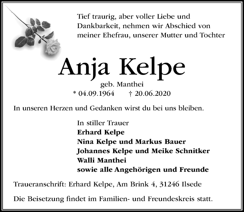  Traueranzeige für Anja Kelpe vom 27.06.2020 aus Peiner Allgemeine Zeitung