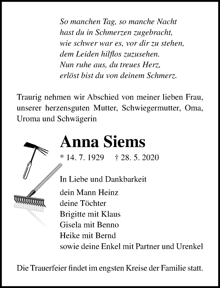  Traueranzeige für Anna Siems vom 03.06.2020 aus Ostsee-Zeitung GmbH