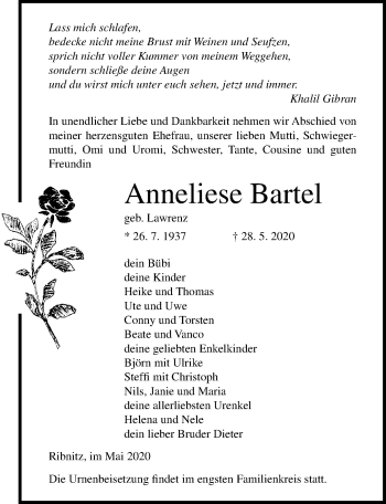 Traueranzeige von Anneliese Bartel von Ostsee-Zeitung GmbH