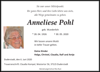 Traueranzeige von Anneliese Pohl von Eichsfelder Tageblatt