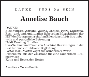 Traueranzeige von Annelise Bauch von Hannoversche Allgemeine Zeitung/Neue Presse