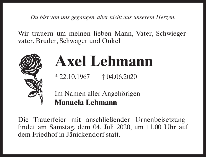  Traueranzeige für Axel Lehmann vom 13.06.2020 aus Märkischen Allgemeine Zeitung
