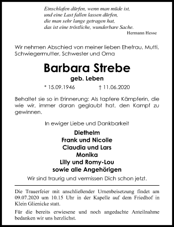 Traueranzeige von Barbara Strebe von Märkischen Allgemeine Zeitung