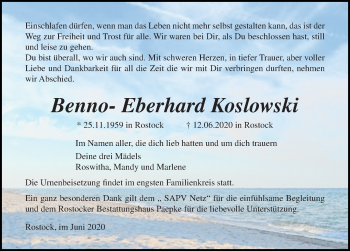 Traueranzeige von Benno- Eberhard Koslowski von Ostsee-Zeitung GmbH