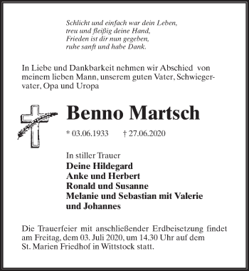 Traueranzeige von Benno Martsch von Märkischen Allgemeine Zeitung