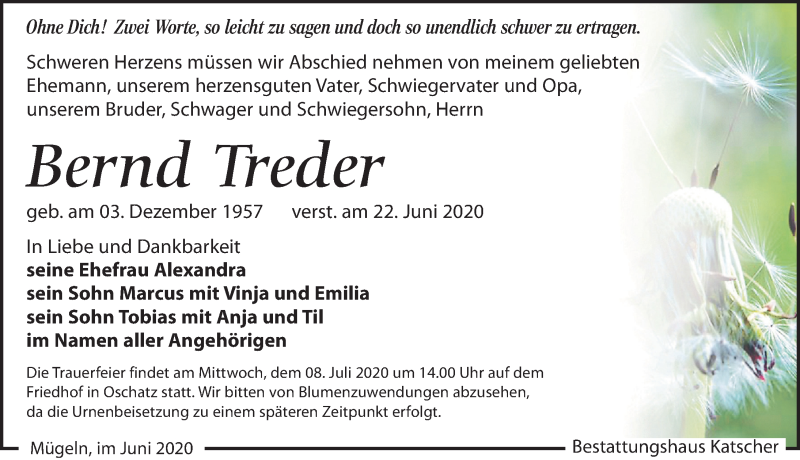  Traueranzeige für Bernd Treder vom 27.06.2020 aus Leipziger Volkszeitung