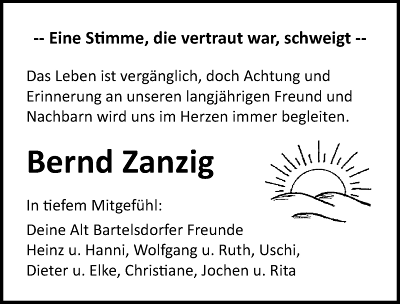 Traueranzeige für Bernd Zanzig vom 27.06.2020 aus Ostsee-Zeitung GmbH